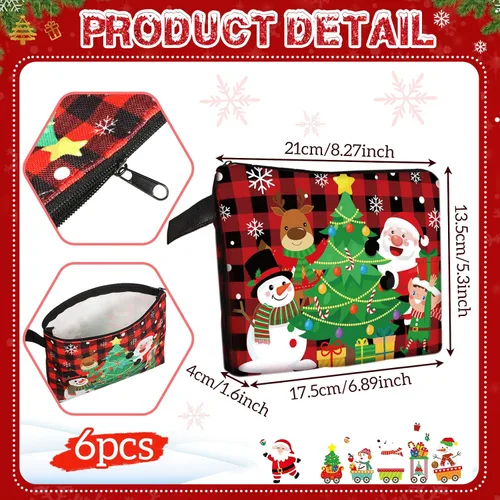 Vista 2 de Zonon Juego de 6 bolsas de maquillaje de lona de Navidad, pequeñas bolsas de cosméticos con cremallera portátil, bonita bolsa de estilo cuadros