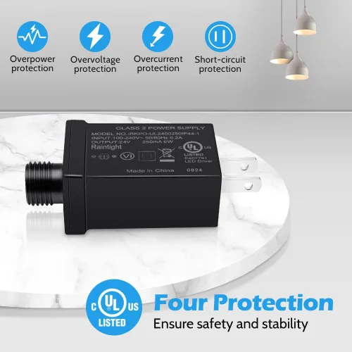Vista 3 de Fuente de alimentación de 24 V clase 2, enchufe de EE. UU. Certificado UL IP44 impermeable transformador de bajo voltaje para luz navideña de 6 W