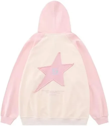 Vista 2 de Suéter con parche de estrella rosa Harajuku para mujer, Y2K, sudadera con capucha y cremallera suelta para niñas