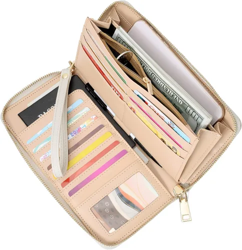 Vista 2 de WOZEAH - Cartera de piel sintética con cremallera y bloqueo RFID para mujer, ideal para viajar