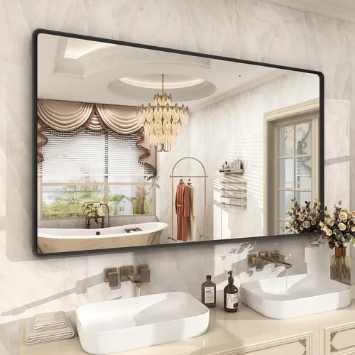 Vista 20 de OKPAL - Espejo de tocador de baño de 20x24 pulgadas con marco de metal cepillado en bronce, espejo de baño con marco de metal cepillado en bronce