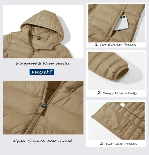 Vista 4 de MAGCOMSEN Chaqueta acolchada con capucha para mujer, ligera, acolchada, con 4 bolsillos, con cremallera, ropa cálida para invierno