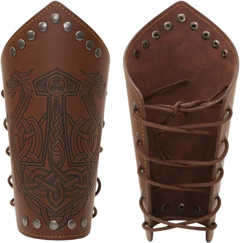 Vista 2 de Jeilwiy Brazaletes vikingos medievales de cuero, brazaletes de armadura de brazo, brazalete de cuero, guantelete punk para hombres y mujeres