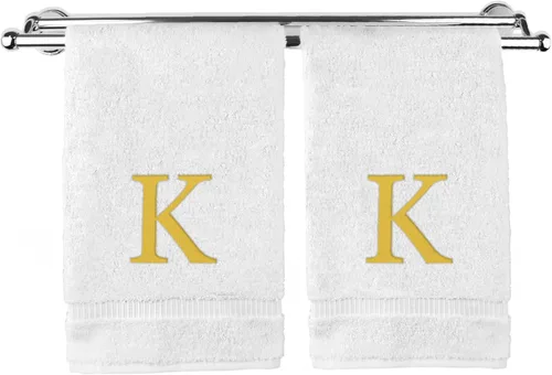 Vista 100 de Toalla de mano monogramada, regalo personalizado, juego de 2 - Toalla bordada con letra de bloque dorada - Extra absorbente 100% algodón turco