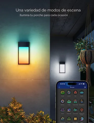 Vista 5 de Luz de pared exterior Govee, luces de porche RGBIC inteligentes de 1500LM al aire libre con 45 modos de escena, impermeables IP65 para decoración