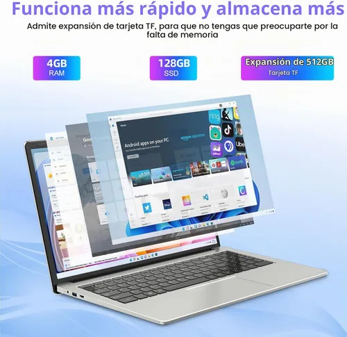 Vista 2 de Computadora portátil de 15.6 pulgadas, 4 GB DDR4 128 GB SSD, computadora portátil con procesador Intel Celeron Quad Core, gráficos Intel UHD 600