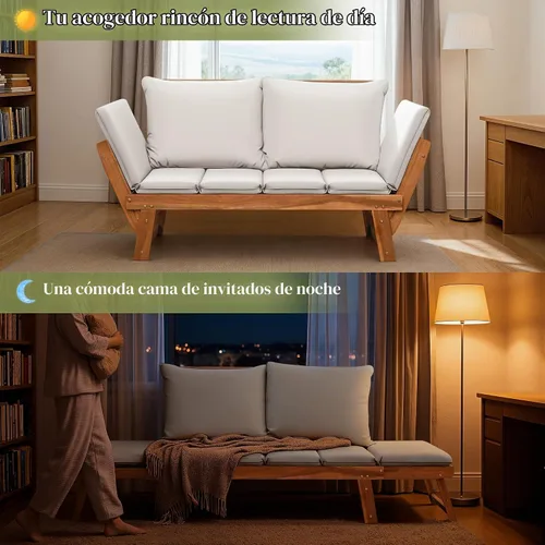 Vista 6 de Flamaker Sofá de exterior con reposabrazos ajustables, sofá biplaza de madera de acacia para patio con cojines suaves, muebles de patio convertibles