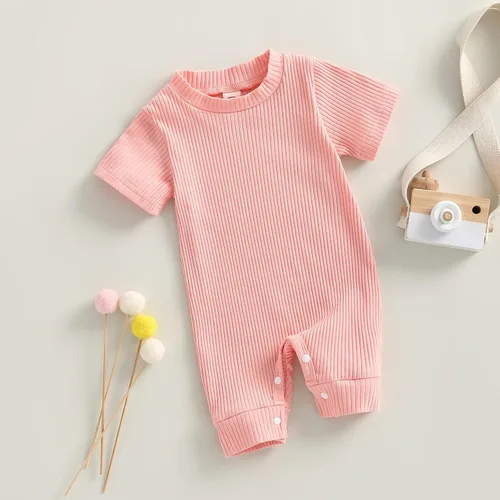 Vista 3 de BULINGNA Mameluco de verano para bebé, niña, niño, cuello redondo, color liso, de punto, acanalado, traje corto de una pieza