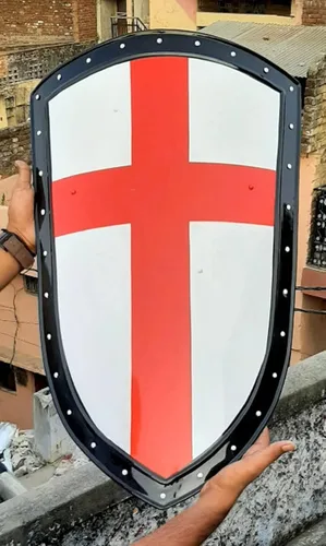 Vista 3 de Escudo medieval de caballero de la Cruz Roja, escudo de guerrero templario de 30 pulgadas, calibre 18, escudo de armadura para cosplay, juego