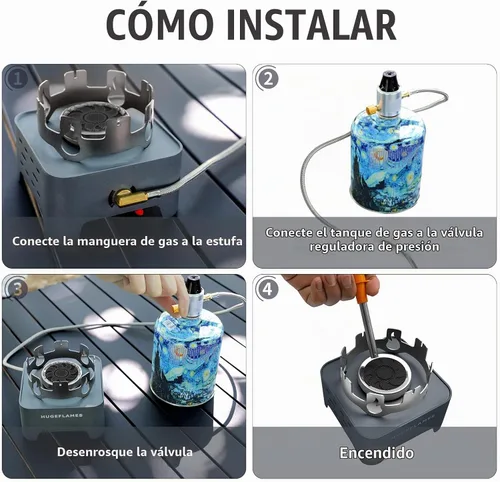 Vista 7 de Estufa de camping de propano con estuche de transporte e ignición portátil, estufa de gas para camping al aire libre, barbacoa, senderismo