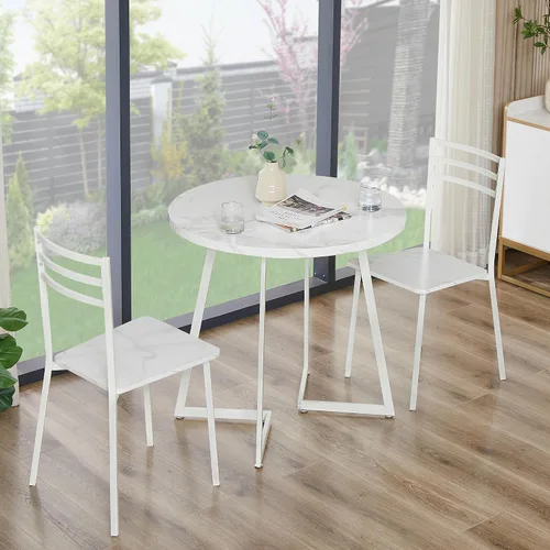 Vista 10 de VECELO Juego de mesa de comedor de 3 piezas, mesa de cocina redonda con 2 sillas tapizadas de terciopelo, diseño de ahorro de espacio para Marrón