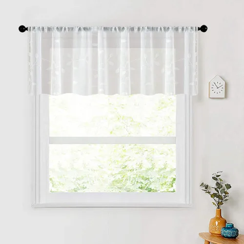 Vista 16 de MRTREES Cenefa de cortina transparente de Navidad, 2 paneles de cortinas bordadas con hojas pequeñas de 54 x 16 pulgadas, bolsillo para barra