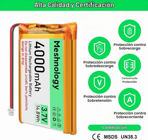 Vista 2 de Batería Li de 3.7 V 4000 mAh con cable de cargador USB 124065 1S LiPo batería con placa de protección, cinta de goma aislada y enchufe micro JST