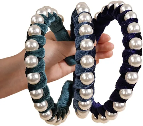 Vista 7 de Wiwpar Diademas de perlas de terciopelo para el pelo con perlas, elegante diadema de perlas antideslizantes, accesorios de moda para el cabello