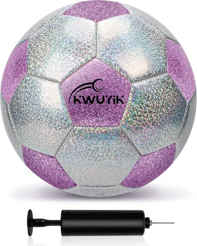 Vista 13 de Balón de fútbol de tamaño 3, 4, 5, con purpurina, rosa, morado, negro y plateado con inflador, pelota de fútbol para niños pequeños de 3 a 6 años, 6