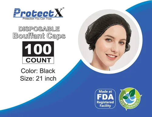 Vista 4 de ProtectX Paquete de 100 redes desechables negras para el cabello, cubierta elástica para la cabeza, gorras Bouffant, cubierta de cabeza
