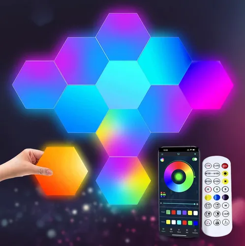 Vista 13 de Paneles de luz hexagonales de expansión, 4 paneles LED, luces LED hexagonales de pared, efectos de color de sueño, luces inteligentes