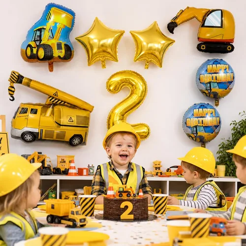 Vista 5 de Suministros de fiesta de 2º cumpleaños de construcción, juego de 9 globos de construcción con globo dorado del número 2 de 2 años, globo de aluminio