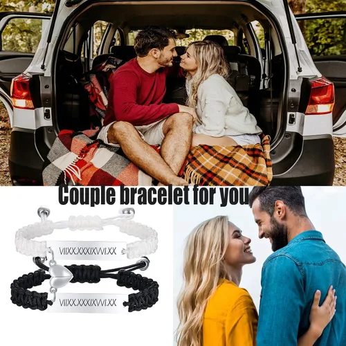 Vista 2 de XUANPAI Engraved Handmade Matching Couples Rope Braided ID Bracelets Set Anniversary Personalized Gift for Him and Her