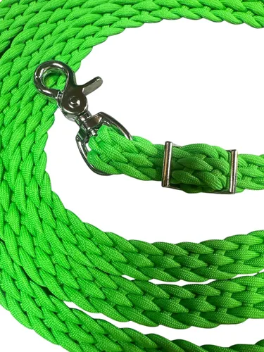 Vista 3 de riendas de cuerda de paracaídas trenzadas planas pony verde neón o caballo, tamaño caballo, cuerda lazo riendas