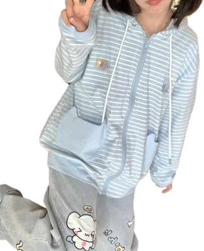 Vista 2 de Sudadera con capucha y cremallera de rayas azules con estampado de gato japonés Kawaii para mujer, abrigo dulce y lindo