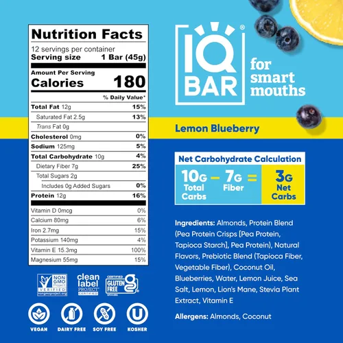 Vista 7 de IQBAR Clean Plant - Barras de proteína de mantequilla de almendras y arándanos de limón, paquete de 12 unidades, keto, vegano, alto en fibra, sin