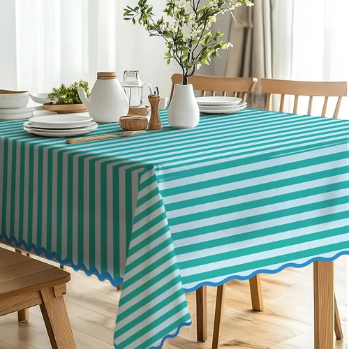 Vista 6 de Whaline Mantel a rayas, azul verde festoneado, 55 x 70 pulgadas