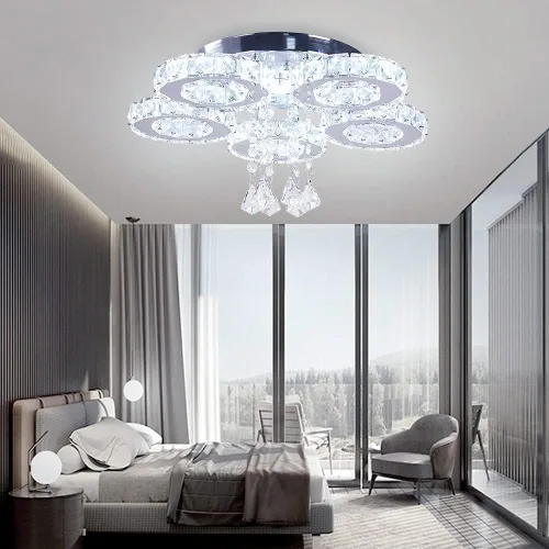 Vista 3 de Lámpara moderna de techo de cristal grande, lámpara de araña LED de cinco anillos, luz colgante para comedor, dormitorio, cocina
