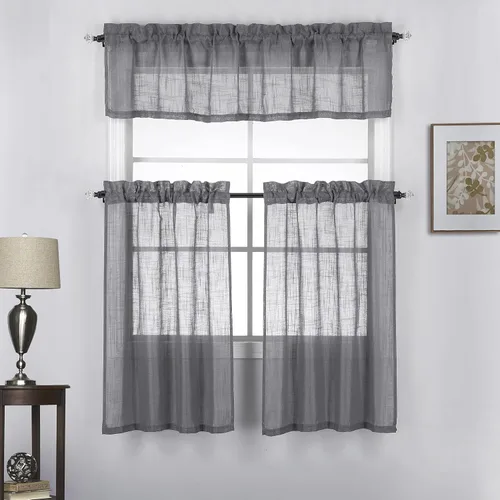 Vista 15 de Juego de 3 cortinas de lino con textura para ventana de cocina y cafetería, 24 pulgadas de largo, color negro
