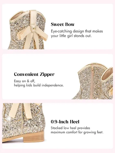 Vista 5 de Coutgo Botas vaqueras para niñas, botas de tacón bajo con purpurina, botas Dorado