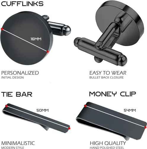 Vista 3 de BodyJ4You 4 gemelos, barra de corbata, clip para dinero, letra inicial del alfabeto A-Z - acero inoxidable para hombre, camisa de corbata