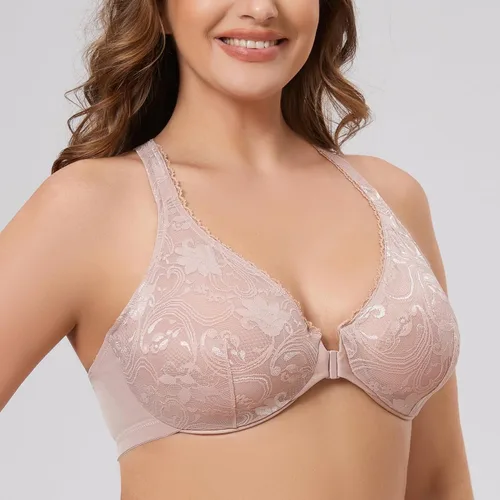 Vista 3 de MELENECA Brasier de encaje sin forro con espalda cruzada para mujer, talla grande, cierre frontal