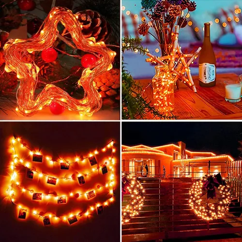 Vista 6 de RUICHEN Cadena de luces LED de alambre de cobre regulable de 33 pies, 100 luces LED enchufables con control remoto, color naranja Dimmable