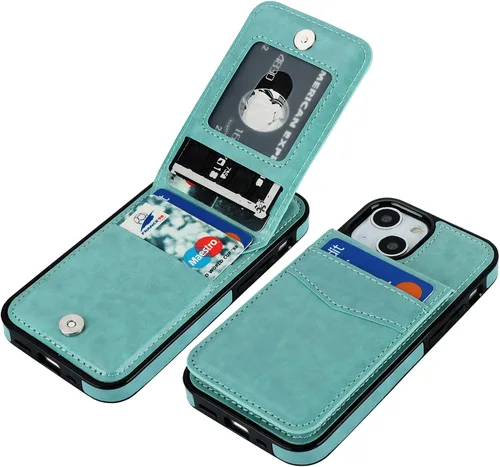 Vista 9 de KIHUWEY Funda compatible con iPhone 13 Mini con soporte para tarjeta de crédito, cierre magnético de cuero de alta calidad, resistente funda Negro