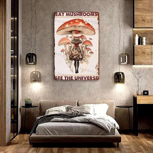 Vista 2 de Letrero retro de hojalata con texto en inglés "Eat Mushrooms See The Universe for Kitchen Bar Garage Decor 8.00"x12.00