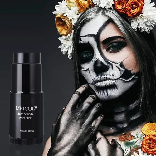 Vista 2 de MEICOLY Barra de Pintura Facial y Corporal Negra (1.06 Oz), Pintura Facial Negra Impermeable para Gato Halloween SFX Cráneo Joker Zombi Vampiro