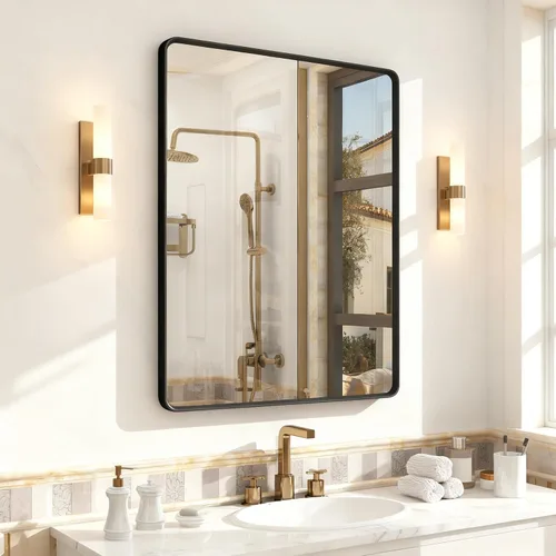 Vista 45 de OKPAL - Espejo de tocador de baño de 20x24 pulgadas con marco de metal cepillado en bronce, espejo de baño con marco de metal cepillado en bronce