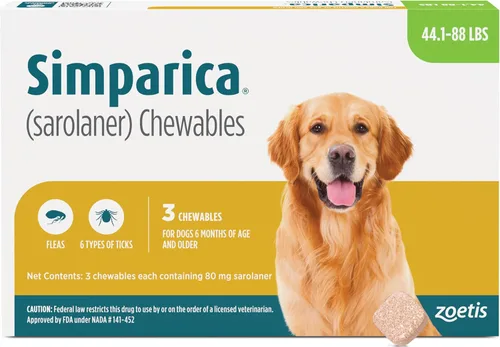Vista 17 de Simparica (sarolaner) Masticables para perros, 120 mg/tab, 88.1-132 libras (marrón), 6 tabletas