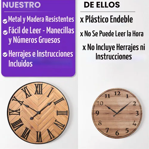 Vista 5 de Reloj de pared grande de 24 pulgadas, redondo, metal silencioso y madera