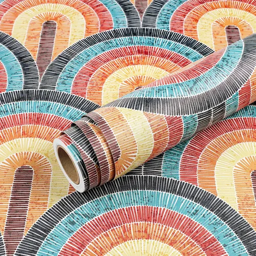 Vista 7 de Livelynine Papel tapiz moderno de mediados de siglo para despegar y pegar, estilo bohemio, retro, de los años 70, vinilo autoadhesivo extraíble
