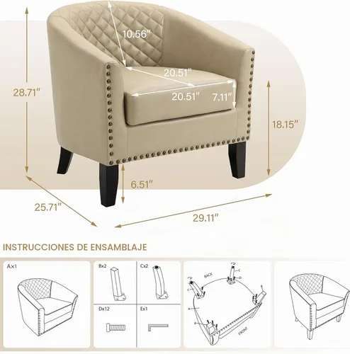 Vista 2 de Pia Ricco Silla de Acento Tipo Barril de Cuero Sintético, Silla de Club Moderna con Brazos, Cómoda Silla Individual Tapizada con Patas de Madera
