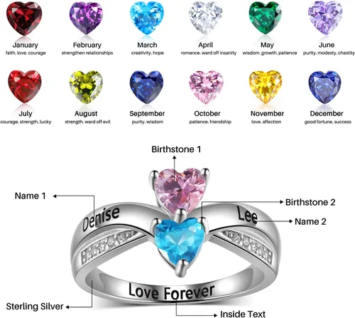 Vista 2 de OPALSTOCK Anillos de piedra natal para mujer, anillos de promesa para madre, anillos con nombre personalizado con 2 piedras natales de corazón