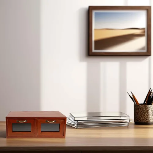 Vista 4 de Monitor elevador de madera con cajón de acrílico para configuración ergonómica de escritorio