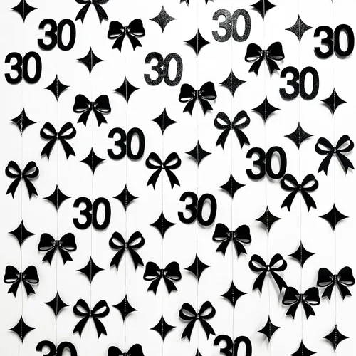 Vista 3 de Decoraciones de cumpleaños negras con lazo del 30 aniversario, guirnalda de lazos coquette con purpurina, pancarta serpentina para mujeres
