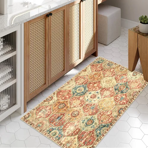 Vista 82 de Lahome - Alfombra marroquí antideslizante y lavable, pequeña alfombra oriental para dormitorio, cocina, entrada, baño, entrada, 61 x 91 cm, crema