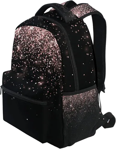 Vista 3 de Pfrewn Mochilas de oro rosa con purpurina negra para niñas, adolescentes y mujeres, mochila escolar para niños y estudiantes