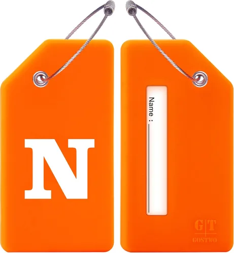 Vista 2 de Gostwo - Paquete de 2 etiquetas de silicona con letras iniciales para equipaje, bolsa escolar, maleta, etiqueta para instrumentos, naranja (N)