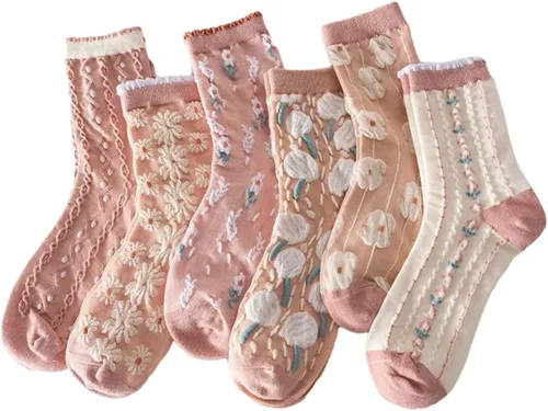 Vista 18 de Juego de 6 pares de calcetines de algodón transpirables de punto floral para mujeres y niñas
