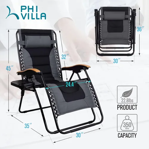 Vista 7 de PHI VILLA Silla XL de gravedad cero de gran tamaño, acolchada, reclinable, de gran tamaño, con soporte para tazas, soporta 350 libras (gris)