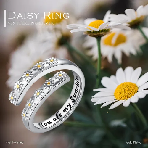 Vista 3 de XIXLES Anillo de plata de ley 925 con la frase "You Are My Sunshine", anillo de margarita con flores y margaritas, anillo ajustable abierto, regalo